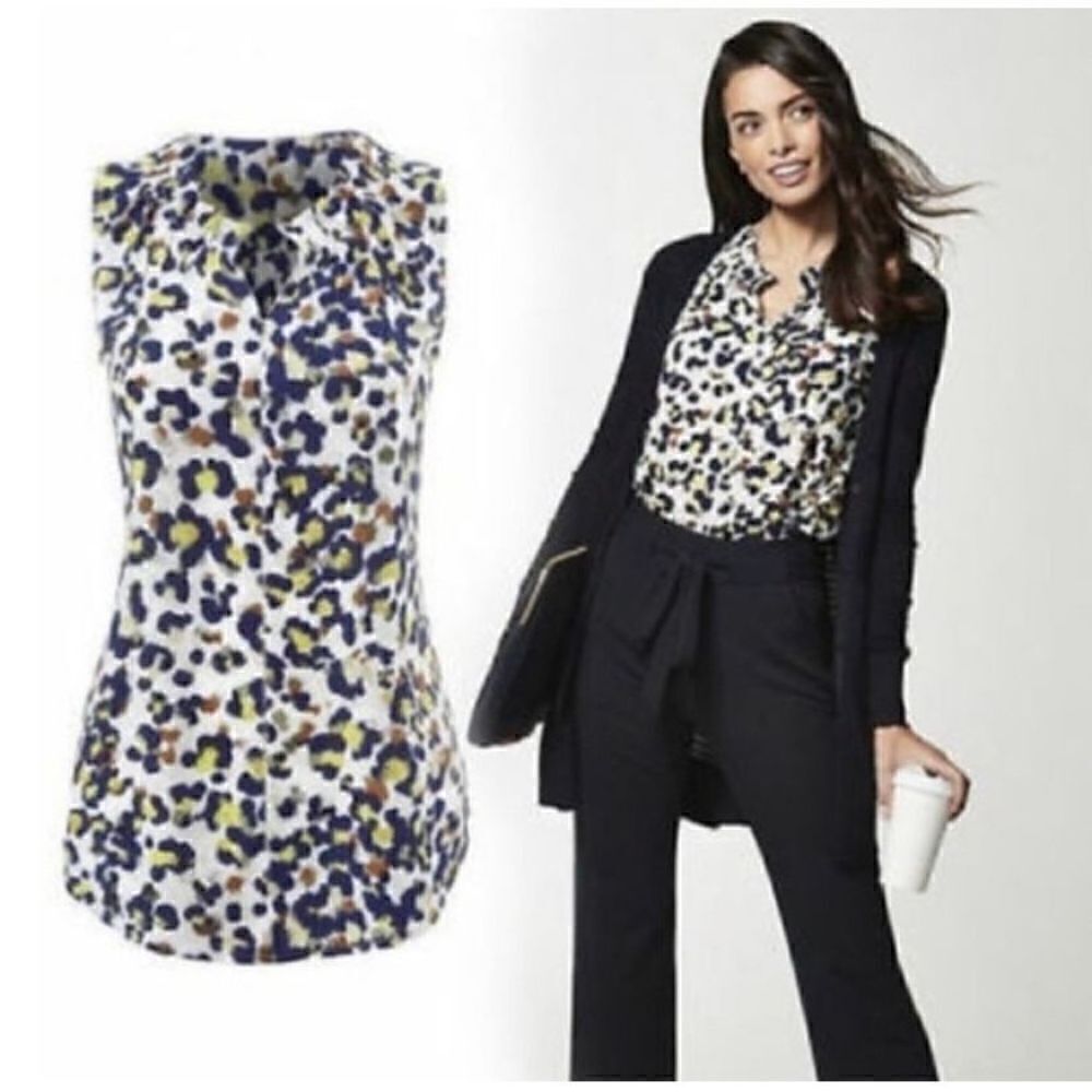 Cabi 5222 Women XS Navy Yellow Abstract Floral Sleeveless Split‎ Neck Blouse Top